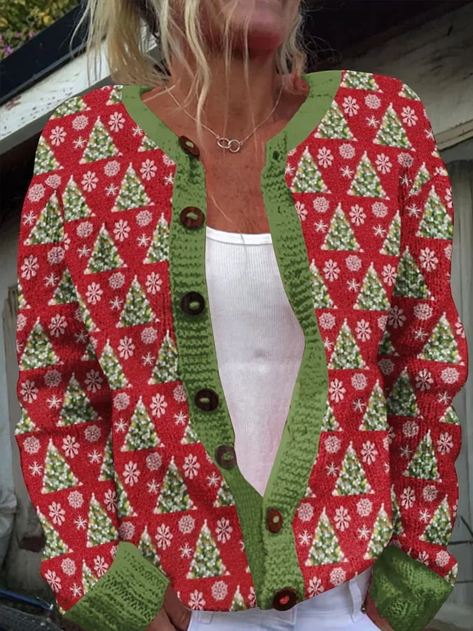 Women's Christmas Snowflake Christmas Tree  Knit Cardigan