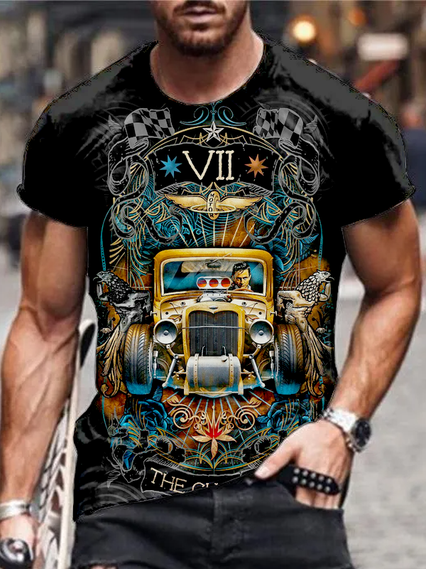 Men's Comfortable Retro Car Texture Pattern Print T-Shirt PLUSCLOTHESMAN