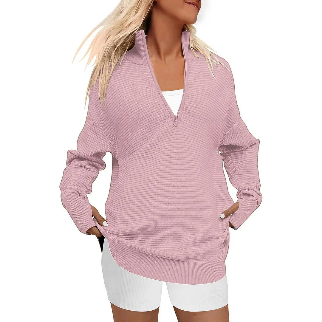 Wongn Wongn Hot Style Women's Long Sleeve Half Zipper V-Neck Casual Rib Knit Sweater Women's Jumper