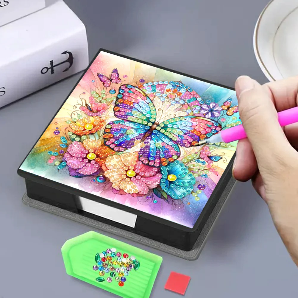 DIY Flower Butterfly Leather Diamond Art Note Box with 160 Sheets of Paper for Beginners