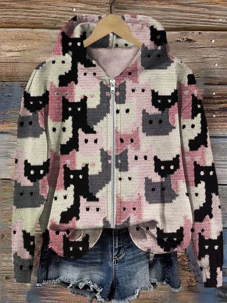 Crowded Cats Pink Knit Art Cozy Full Zip Hoodie