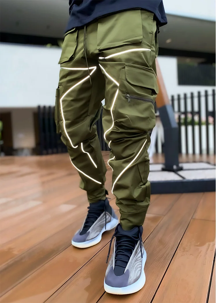 Casual Straight Overalls Men's Multi-Pocket Reflective Sports Pants at Hiphopee