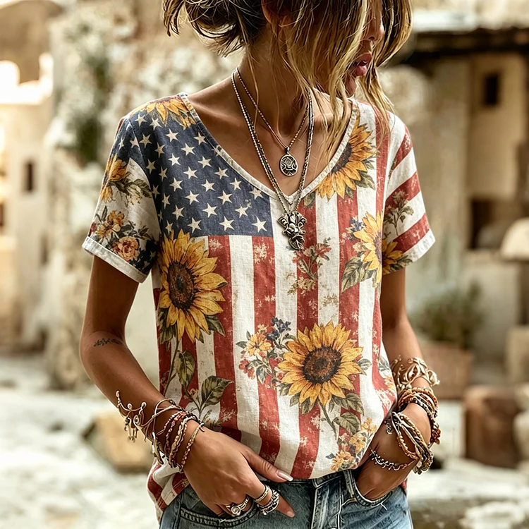 Women's Independence Day Flag Floral Print Linen Blend Casual Short-sleeve T-shirt