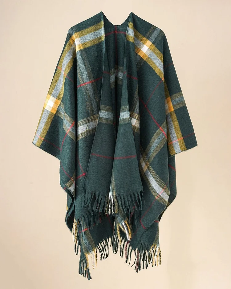 Women's Olive Green Plaid Casual Cape Shawl