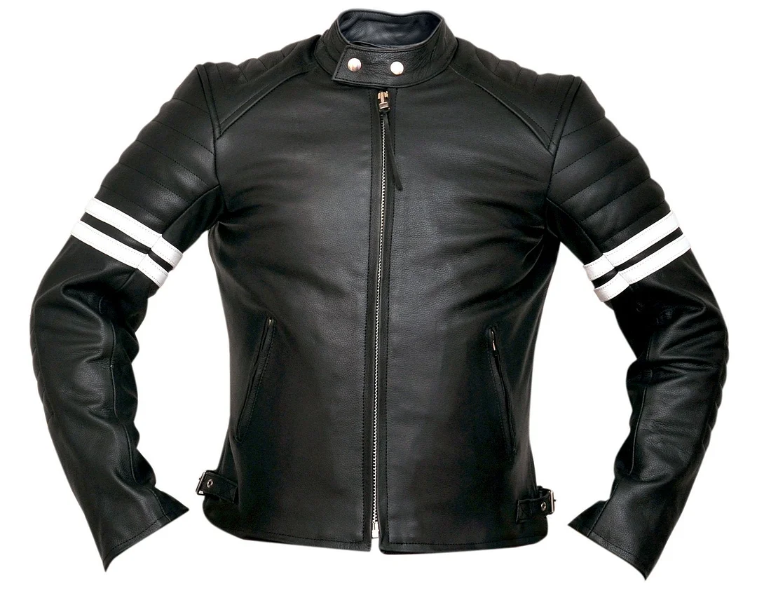 Fight Club 2 White Striped Cafe Racer Style Retro Leather Jacket