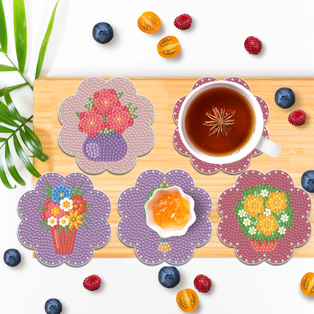 DIY Acrylic Diamond Coaster Set Flower Style (6 Piece Set 1 Rack)