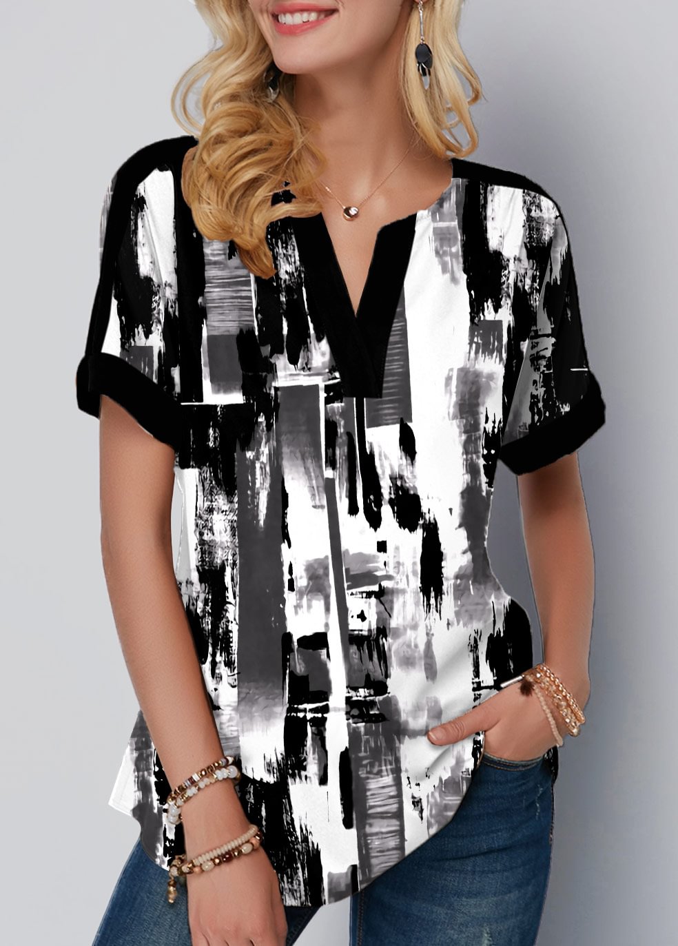 Black Split Neck Printed Short Sleeve Blouse