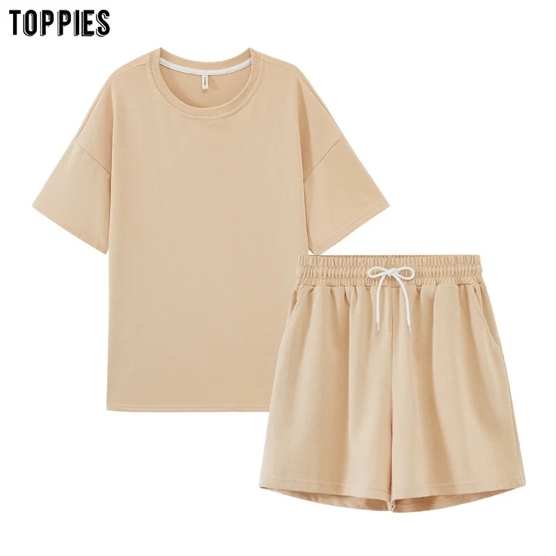Toppies Summer Tracksuits Womens Two Peices Set Leisure Outfits Cotton Oversized T-shirts High Waist Shorts Candy Color Clothing