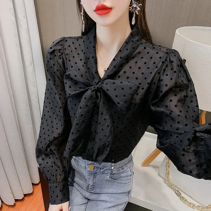 2022Autumn New Fashion Bow Tops Vintage Blouse Women Dot Chiffon Shirt Long Puff Sleeve Shirt Casual Loose Clothes Blusas 16890