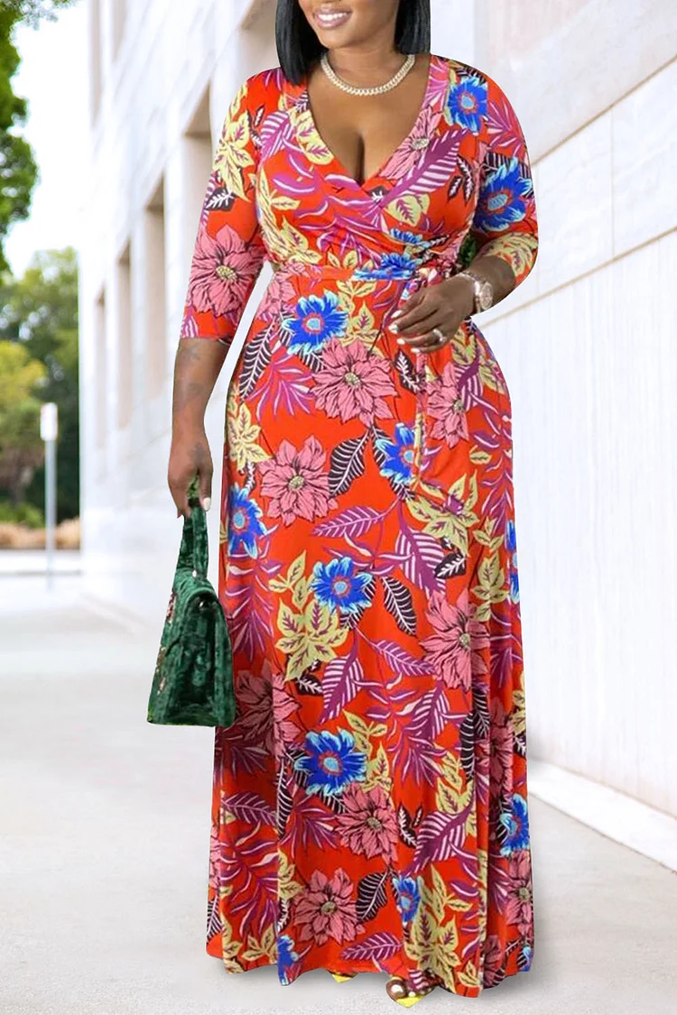 Plus Size Beach Maxi Dresses Casual Green Floral Spring Summer Wrap Neck 3/4 Sleeve Knitted Maxi Dresses