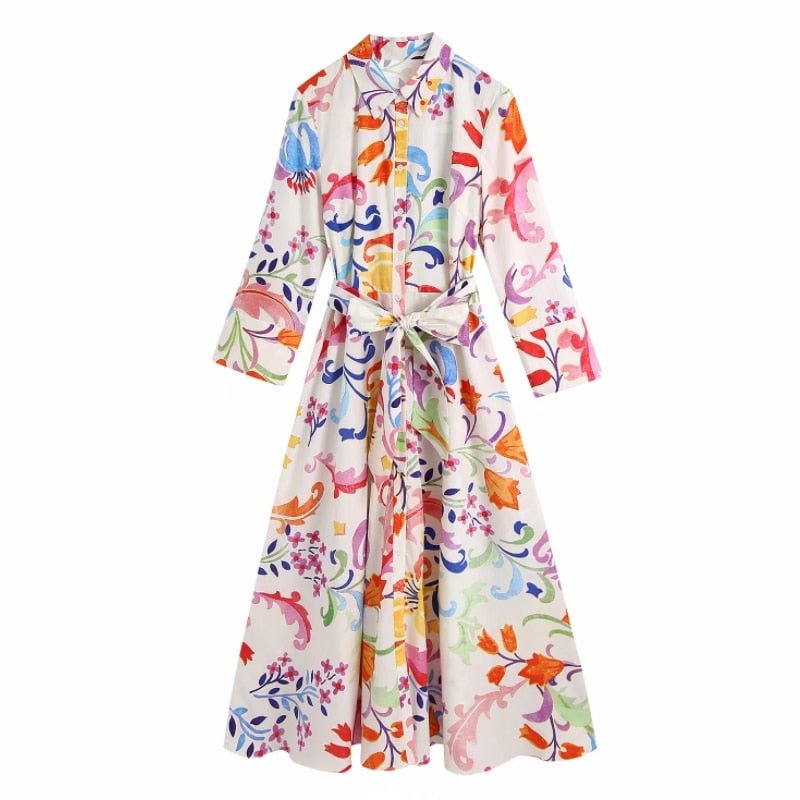 Summer Women Colorful Flower Print Sashes Midi Swing Dress Female Nine Quarter Sleeve Clothes Casual Lady Loose Vestido D7798