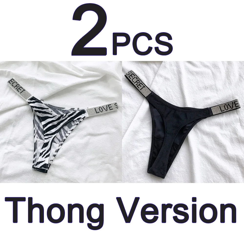2PCS Sexy Low Waist Panties G String Comfort Satin Underwear Women Rhinestone High Fork Thong Seamless Intimates Lingerie Cotton