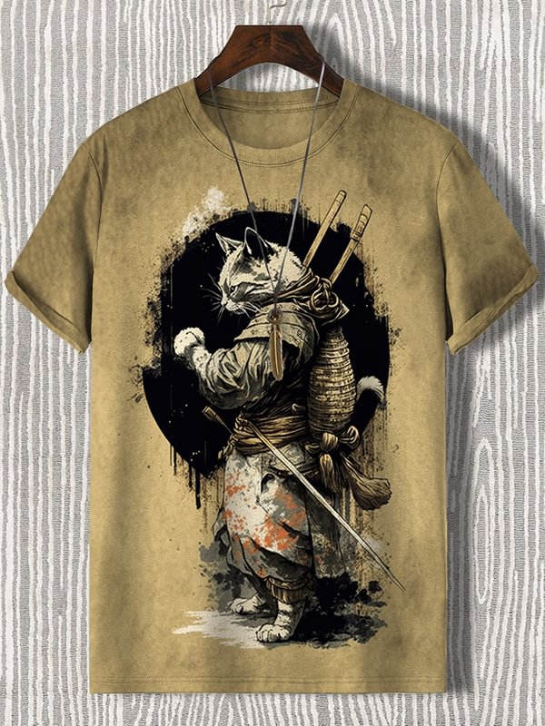 Comstylish Men's Retro Handsome Samurai Cat Art Painting Print Short Sleeve T-Shirt
