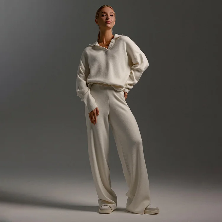 Simple Knit Sweater and Wide Leg Sweatpants Suits - yankia