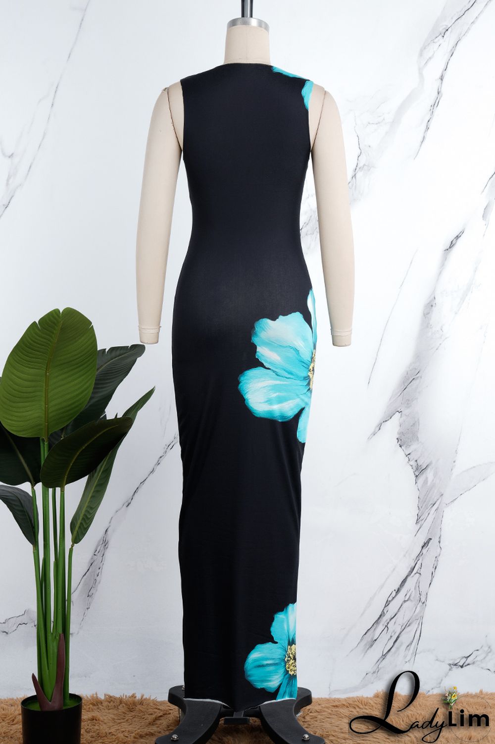 Black Elegant Floral Patchwork O Neck Wrapped Skirt Dresses