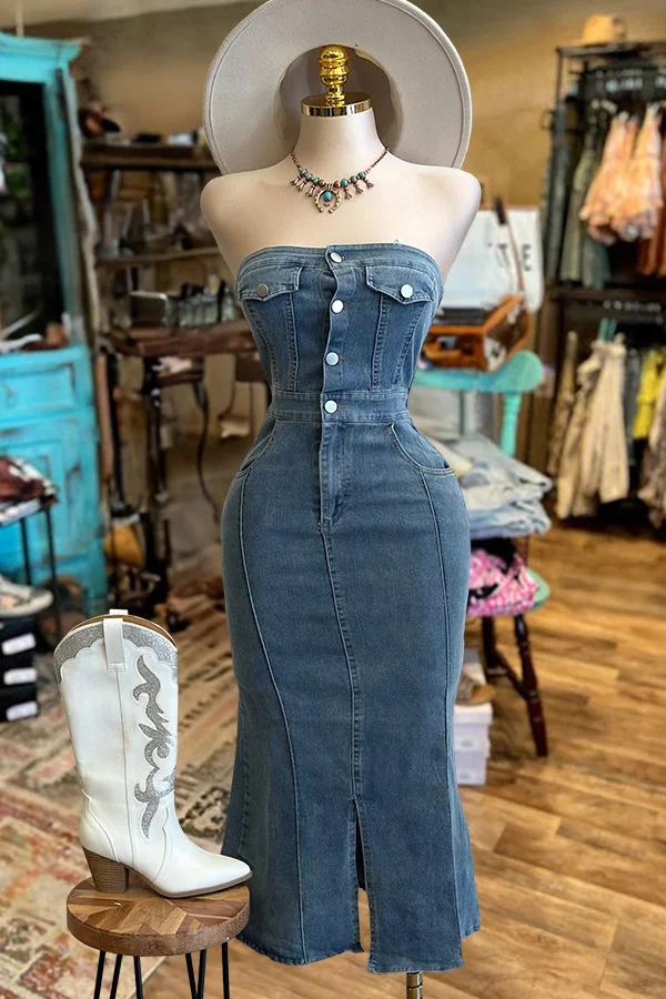 Vintage Washed Tube Top Button Up Denim Dress