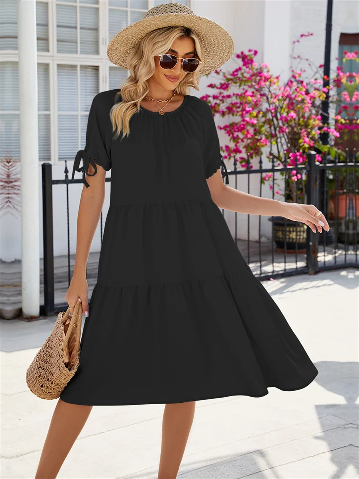 Fresh Sweet Solid Color Loose Round Neck Pullover Splicing Short-sleeved Dress Women's Long Dresses