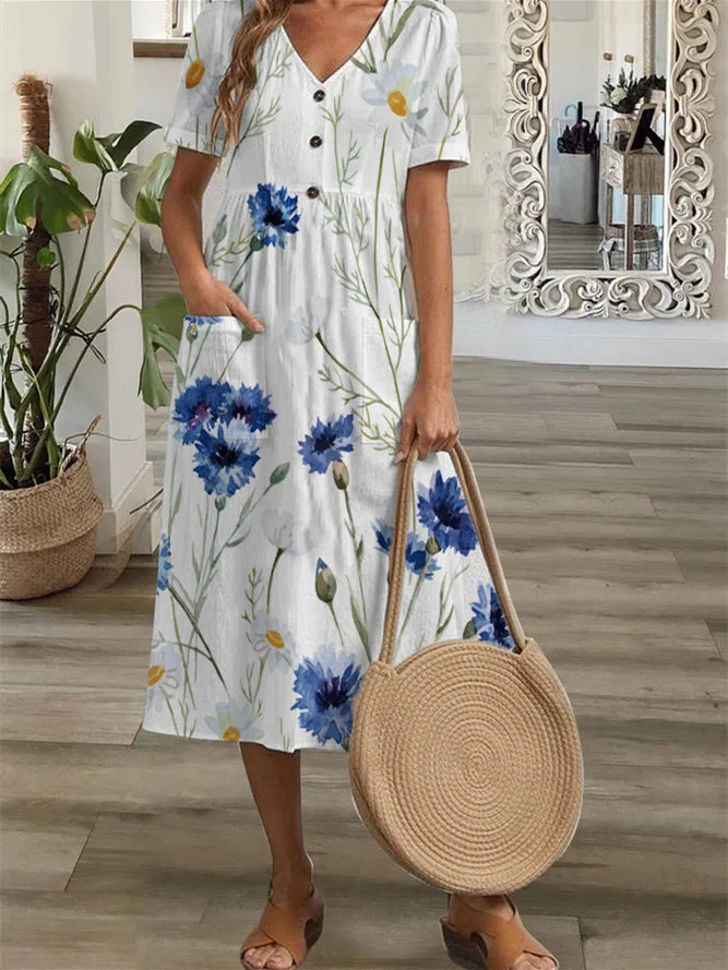 Women Short Sleeve V-neck Floral Printed Button Midi Dress