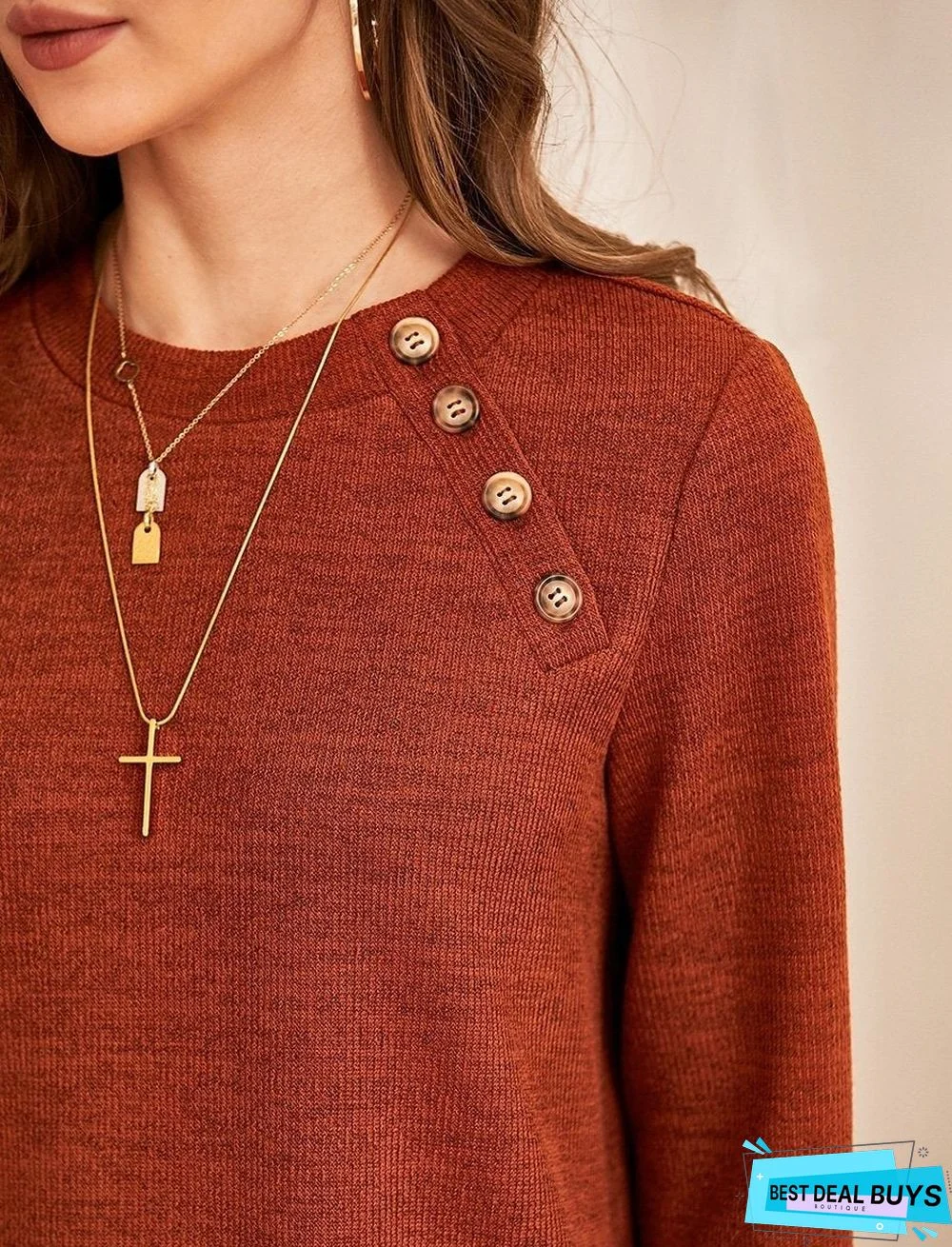 Pure Color Knitted Button Decoration Casual Round Neck Long-Sleeved Pullover