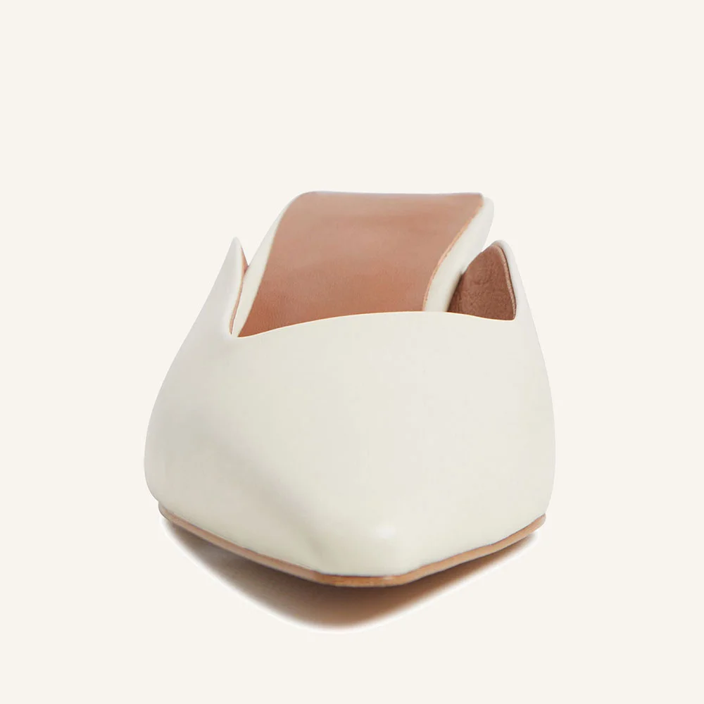 Women's Casual Ivory Pointed Toe Slip-On Kitten Heeled Mules