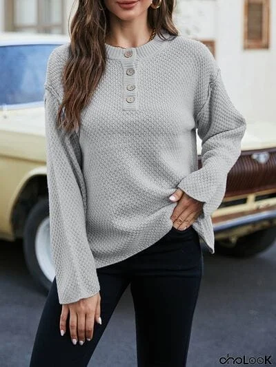 Quarter Button Dropped Shoulder Sweater