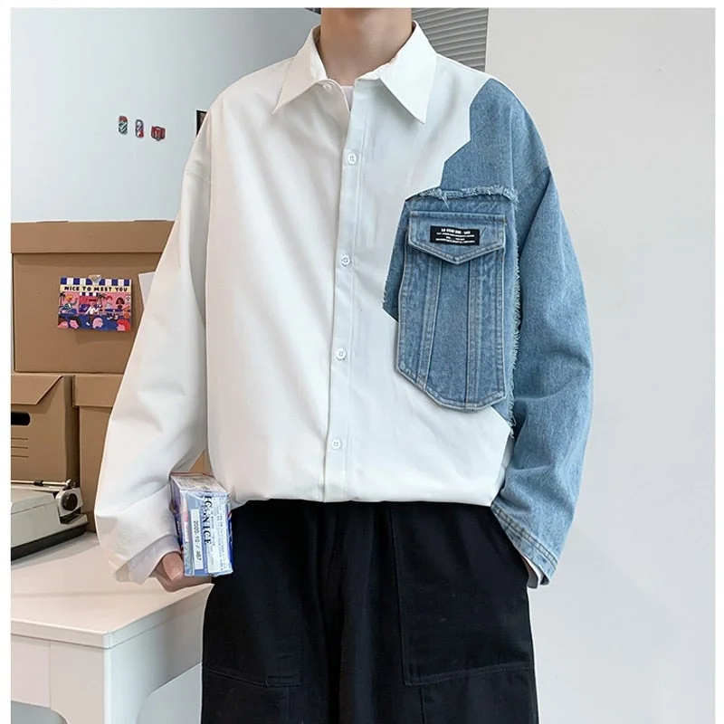 Woherb New Style Men's Shirts Fashion Spliced Jeans Cotton White Blue Oversized Shacket Hip Hop Streetwear Loose Overshirt Big Size Top