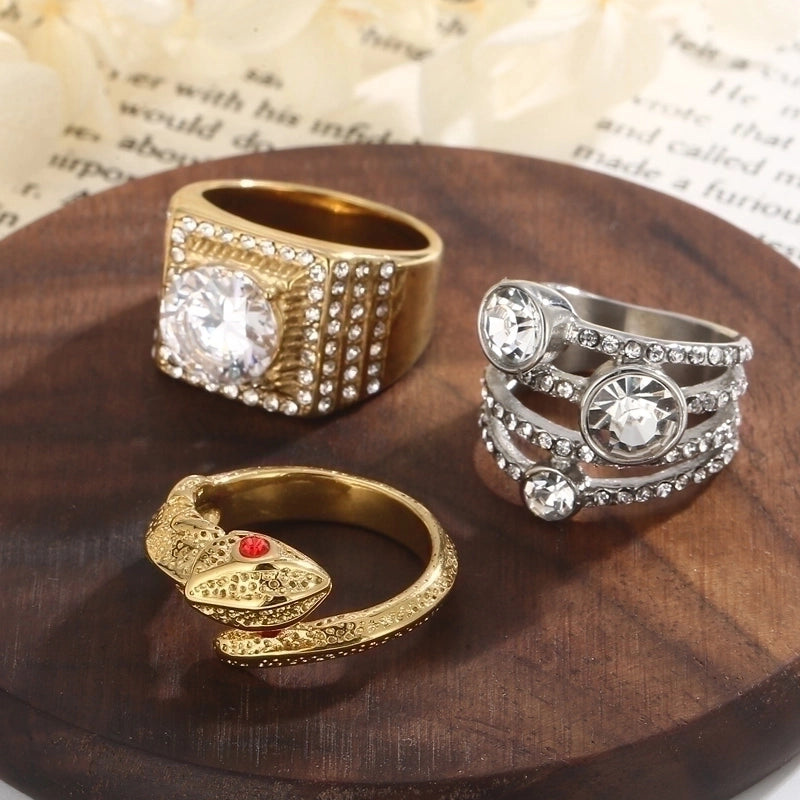 Retro Luxurious Lady Geometric Snake Stainless Steel Zircon 18K Gold Plated Inlay Rings