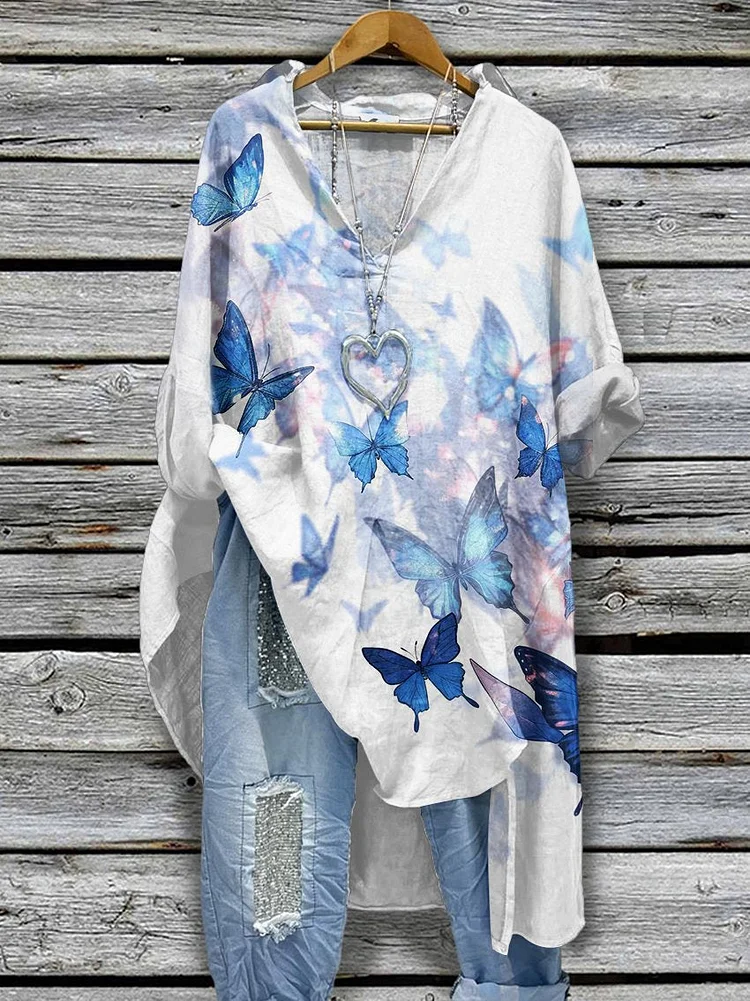 Women's Vintage Butterfly Pattern Print Casual Cotton And Linen Shirtdress