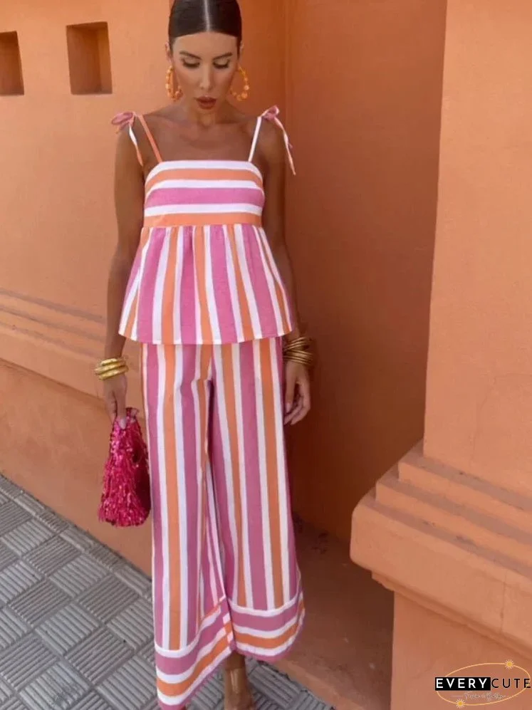 Summer Casual Contrasting Striped Sling Top Pants Suits Chic Sleeveless Backless Lace Up Tops Wide Legs Pants Set For Women