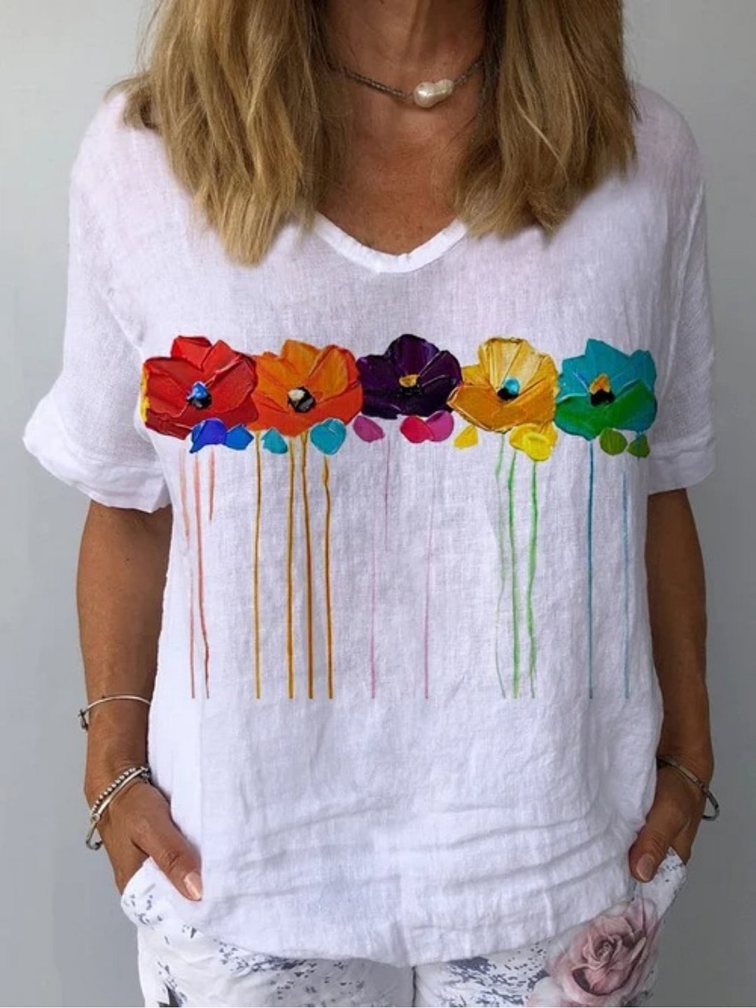 Women's Short Sleeve V-neck T-shirt Floral Print Tunic Tops