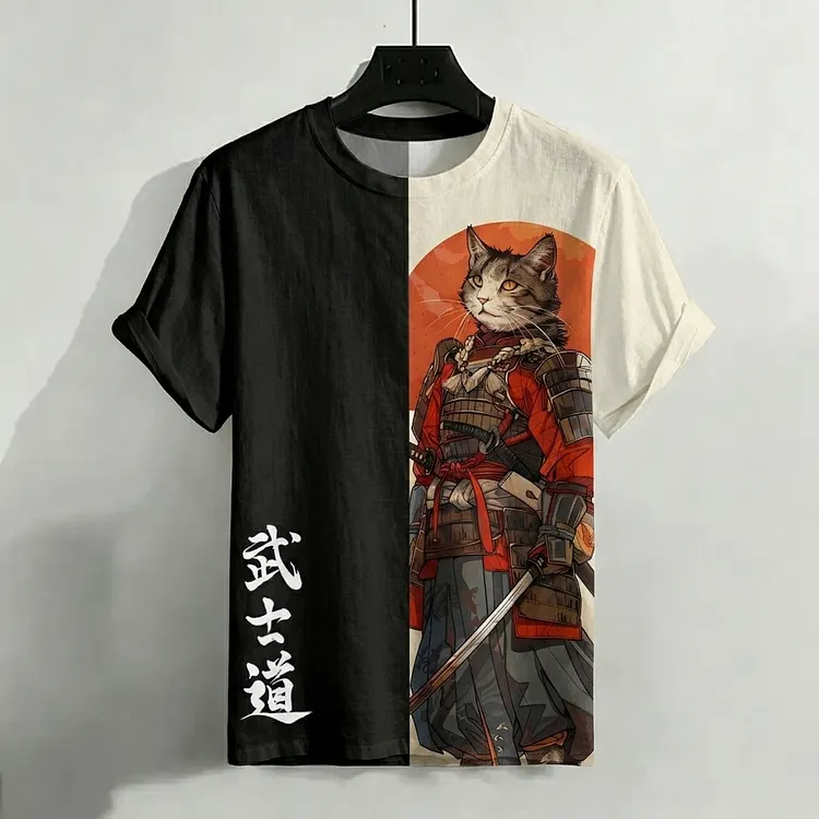 Men's Vintage Samurai Cat Japanese Style Print Casual T-shirt