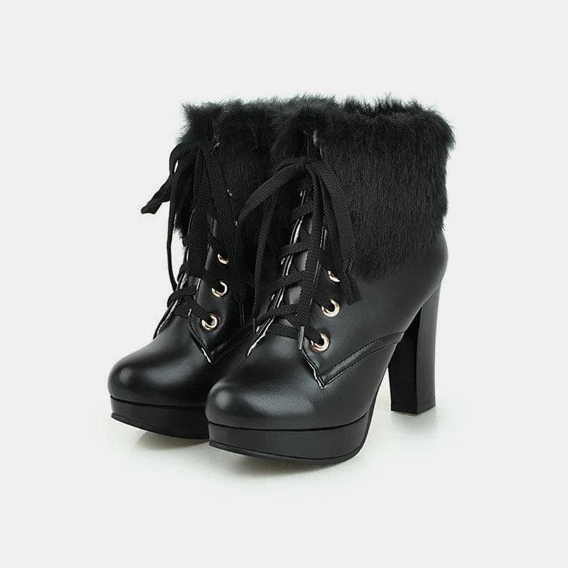 Fluffy Lace-up High Heel Boots