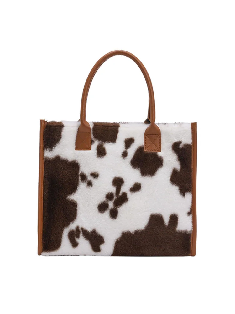 Retro Women Leather Plush Animal Pattern Print Handbag Winter Tote Bags (B)