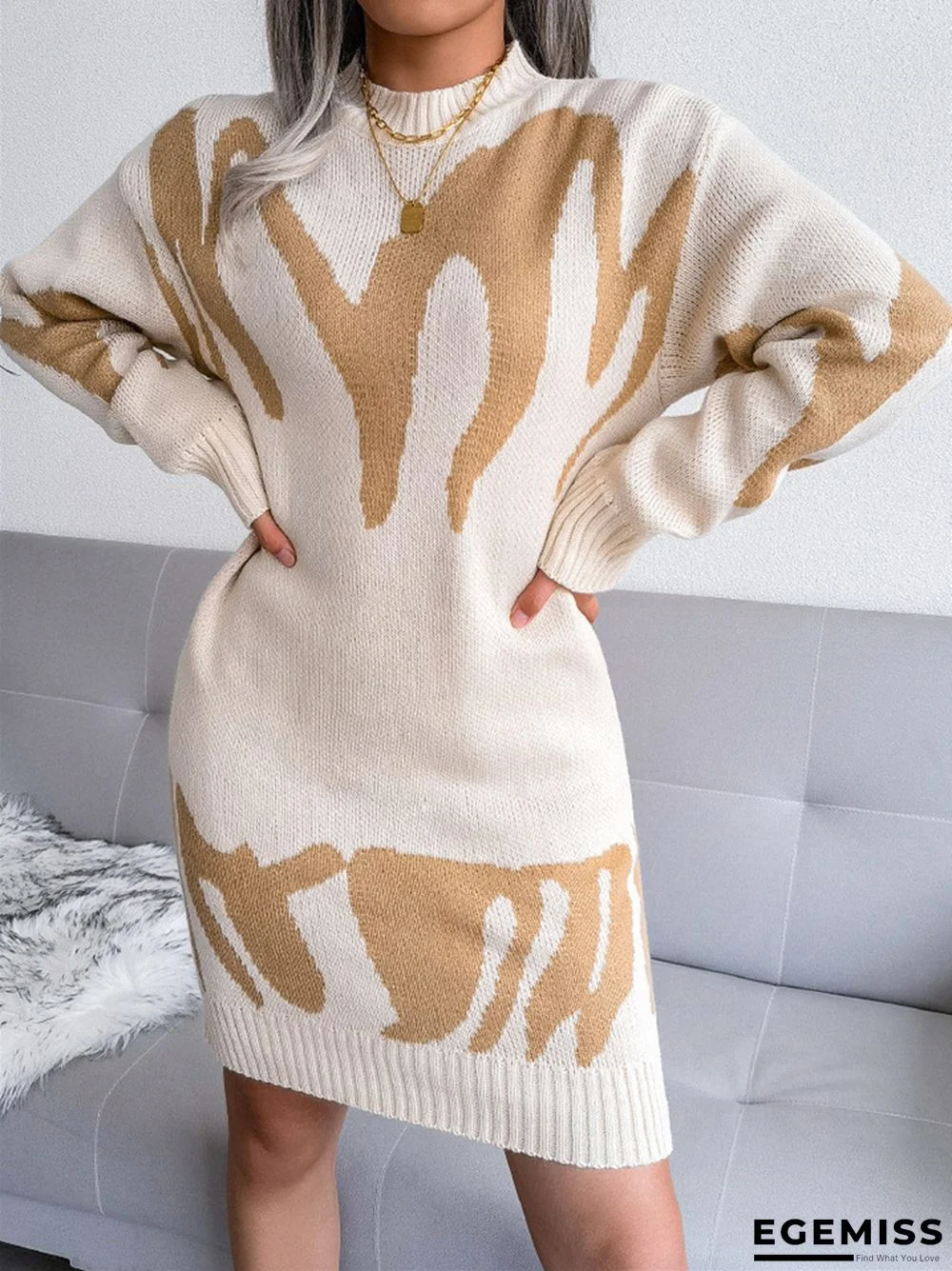 Casual Round Neck Knitted Long Sleeve Dress | EGEMISS