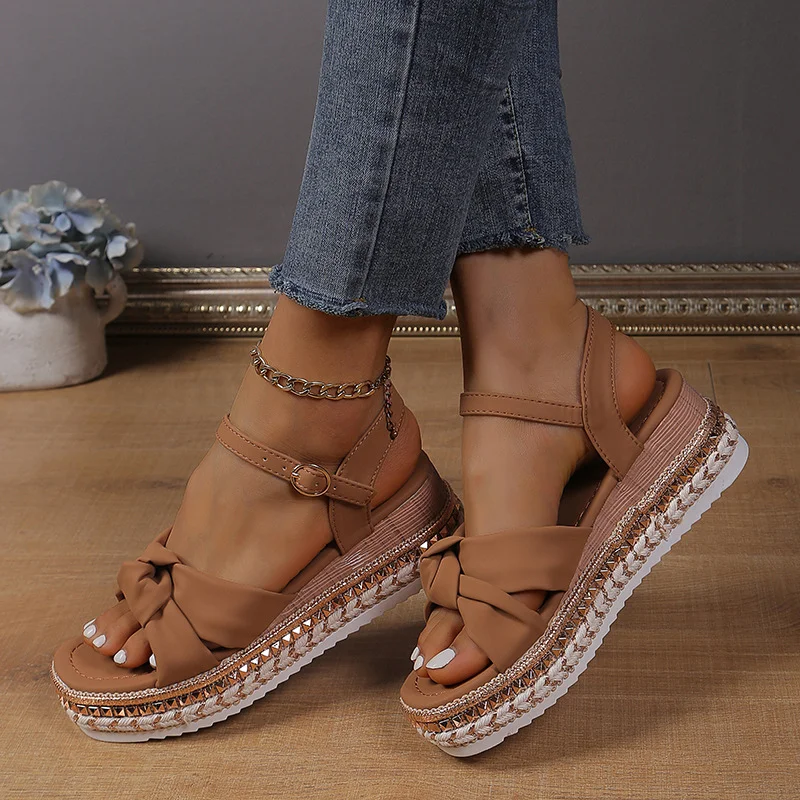 Yyvonne Summer New Loose Cake Heel Sandals Women's Bow Bow Rope Soles Of The Leisure Women's Sandals