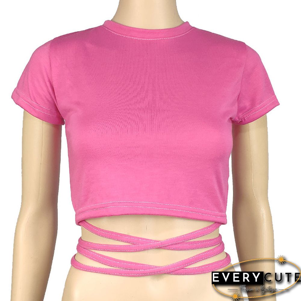 New O Neck Solid Tshirt Women Summer Cross Bandage Tee Sexy Short Sleeve Camisole Casual Tank Top Fashion Female Crop Tops Shirt