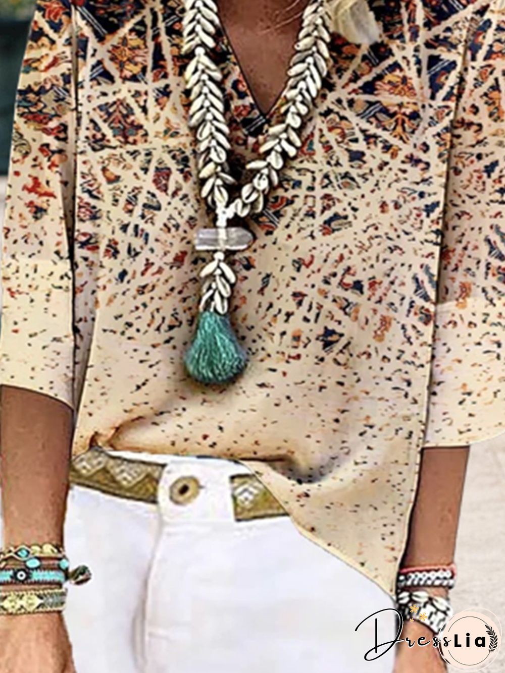 Ethnic 3/4 Sleeve V Neck Plus Size Casual Tops