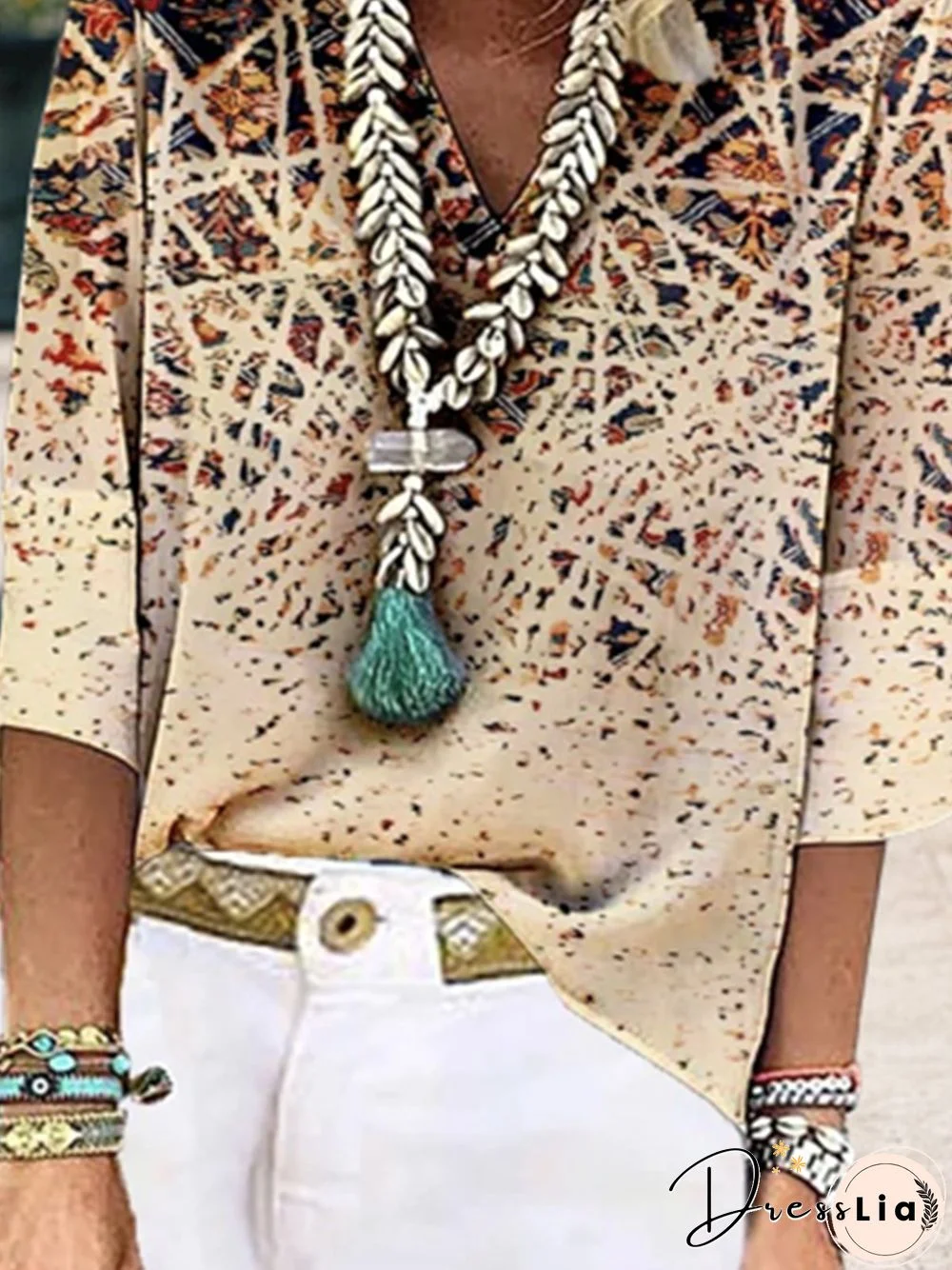 Ethnic 3/4 Sleeve V Neck Plus Size Casual Tops