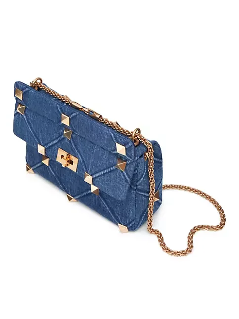 Valentino Garavani Large Roman Stud The Shoulder Bag In Denim With Chain