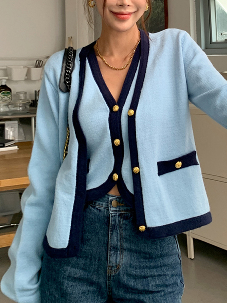 V Neck Long Sleeve Color Contrast Vest Two-Piece Set