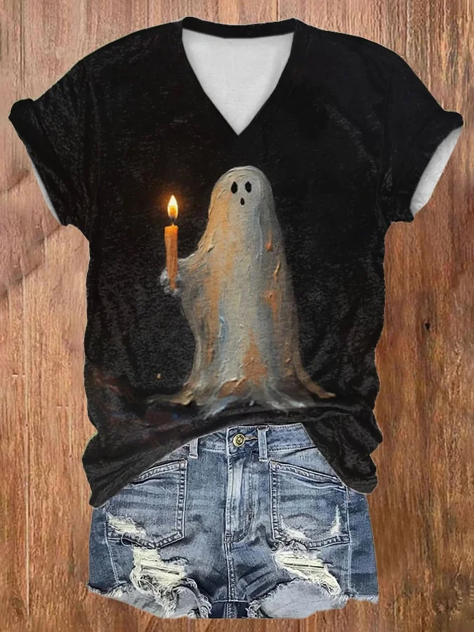 V-neck Retro Ghost Painting Candle Print T-Shirt