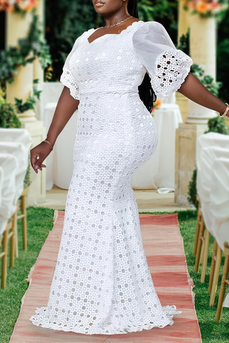 Xpluswear Plus Size White Formal Wedding Summer Solid Lace Hollow Out Puff Sleeves Sweep Maxi Dress