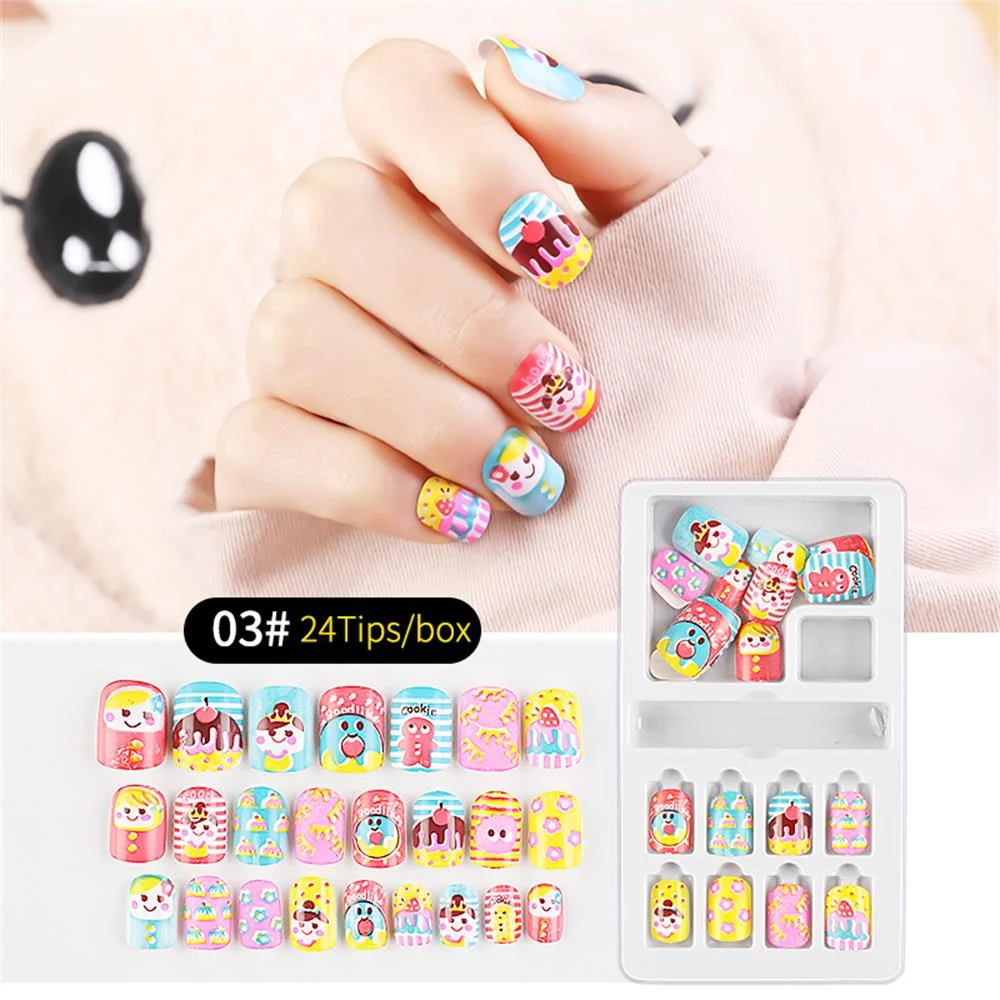 24Pcs/Set Press on Children Candy False Nail Tips Cartoon Full Cover Kid Pink Fake Nail Art for Little Girls Manicure Tool-Nail Inspo