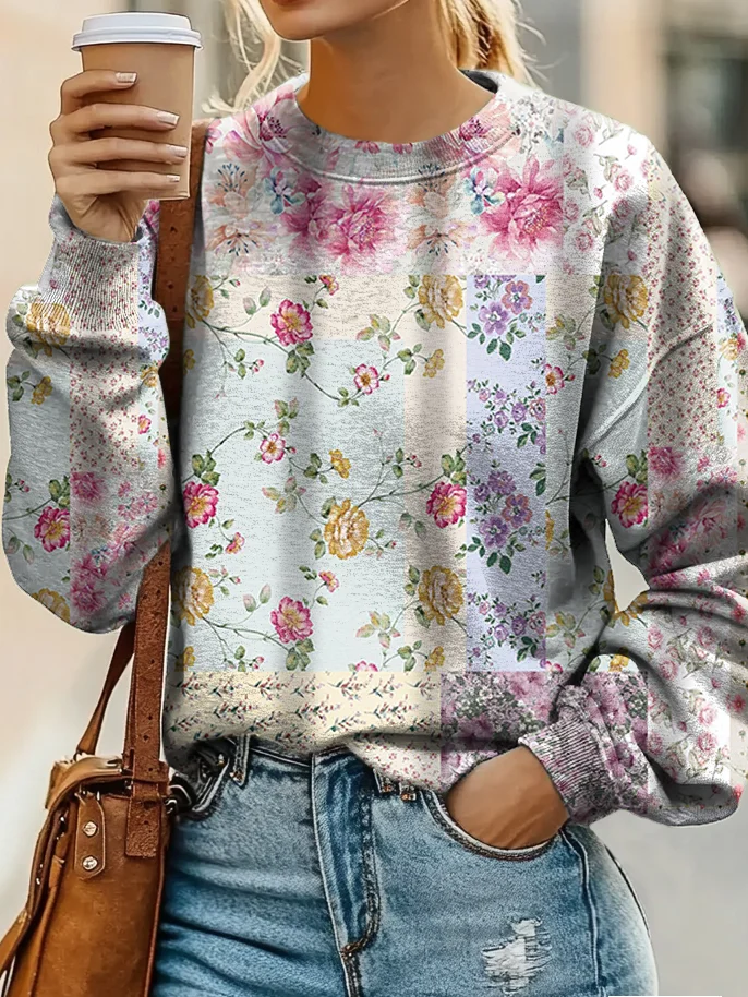 Floral Patchwork Art Print Casual Sweatshirt