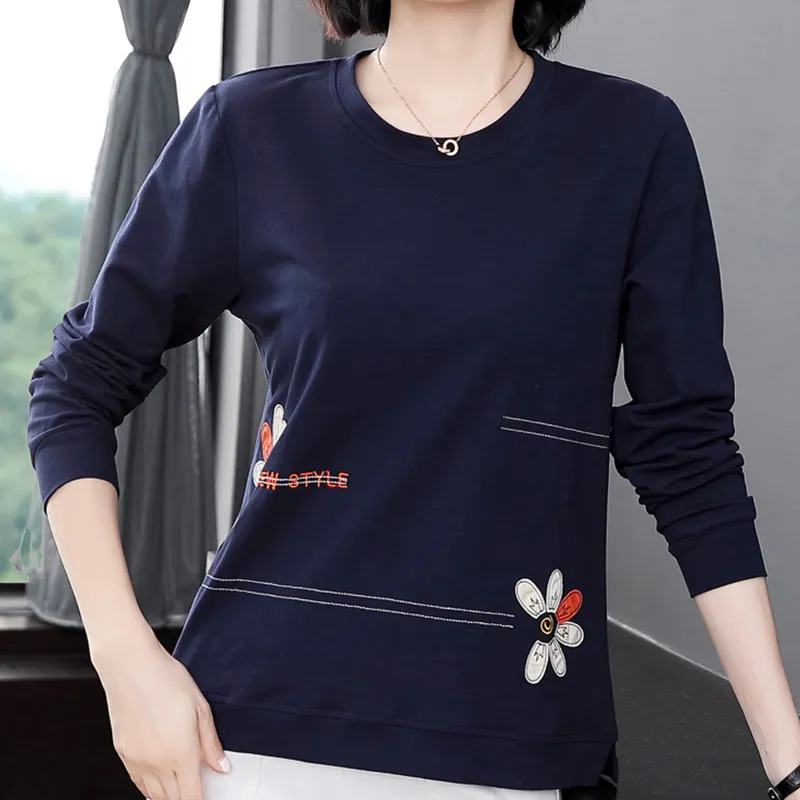 Floral Letter Embroidery Long Sleeve Shirt Women Spring Autumn T-Shirts Loose Clothes
