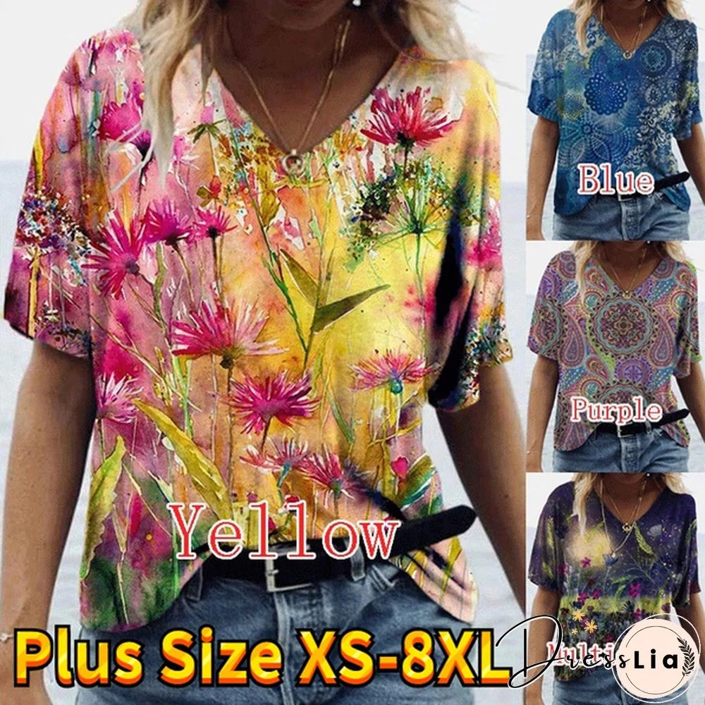 Spring And Summer Women's Printed Short Sleeve Tops Casual Shirts Plus Size Blouse Fashion V-neck Tshirt Plus Size XS-8XL