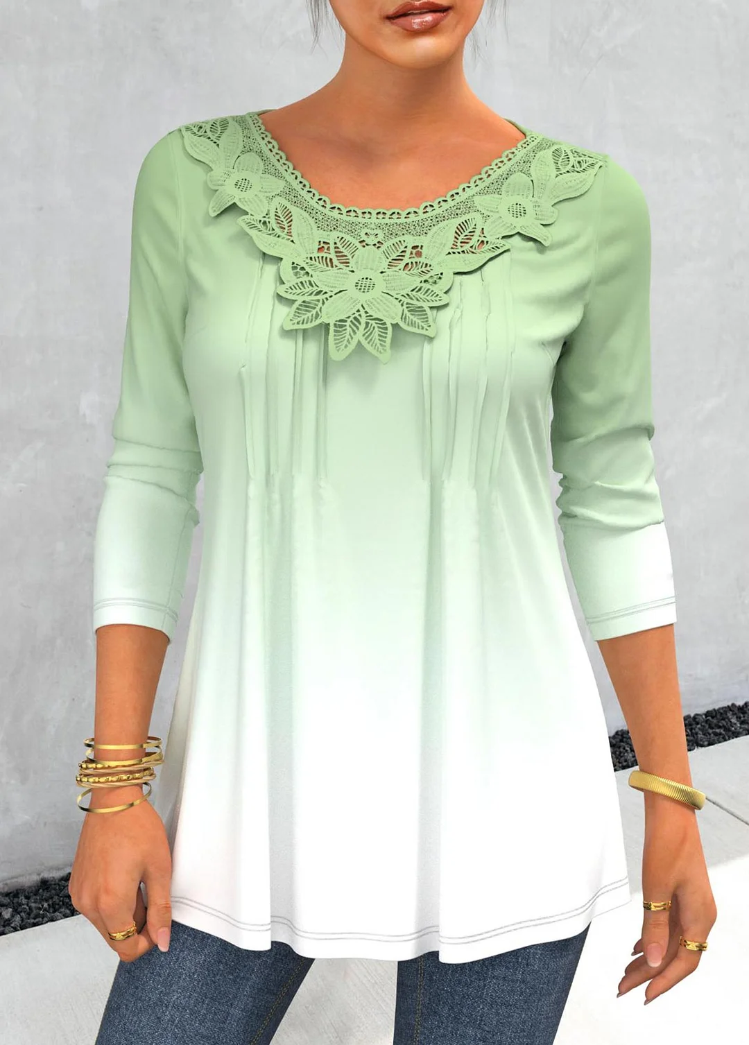 Lace Stitching Ombre Light Green T Shirt