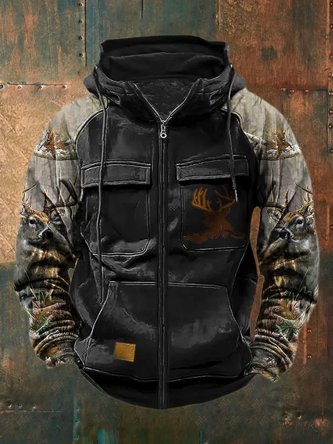 Men's Vintage Western Deer Print Multi-Pocket Jacket