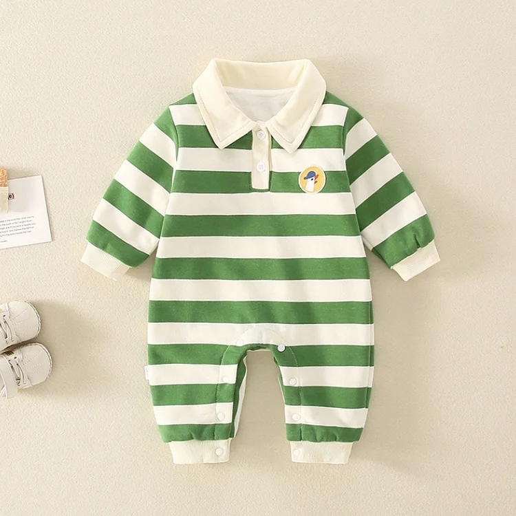 Baby Boy Embroidered Chick Striped Long Sleeve Romper