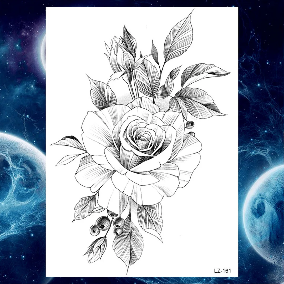 Large 3D Rose Flower Temporary Tattoos For Women Men Adults Death Skull Tattoo Sticker Peony Dahlia Black Fake Tatoos Forearm
